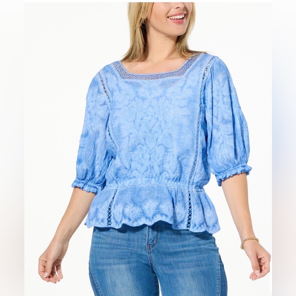 NWT Democracy Embroidered Peplum Top Crochet Trim blue XL